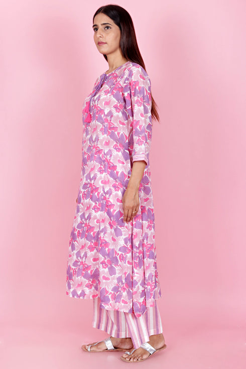 Mulmul Cotton Kurta Pant And Dupatta Set In Block Print